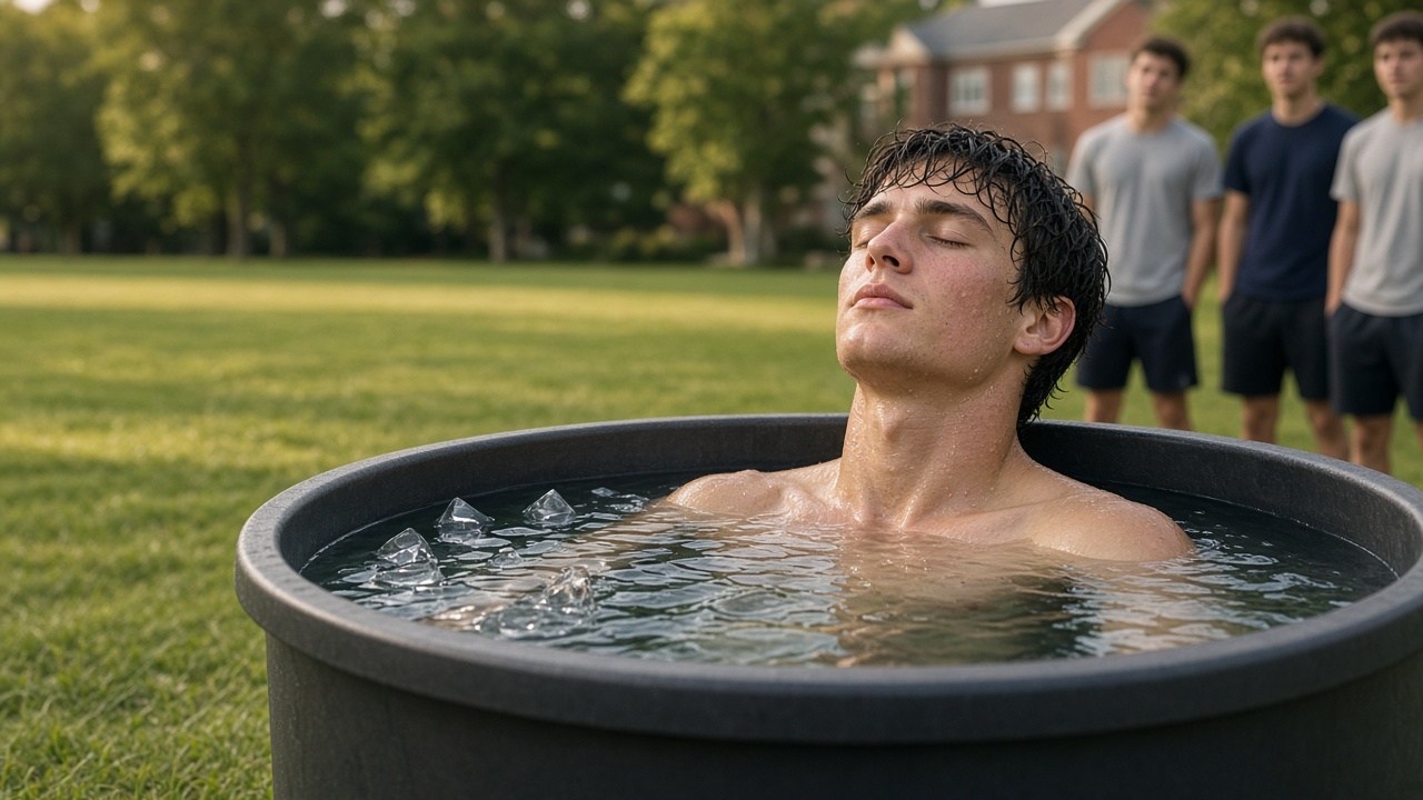 An athlete sitting neck-deep in a tub of ice water on a campus lawn as teammates look on