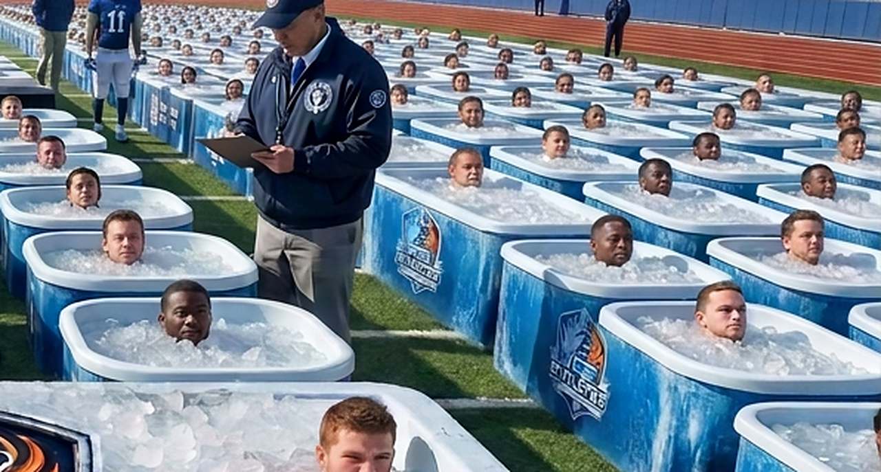Rows of athletes submerged in ice tubs on a football field