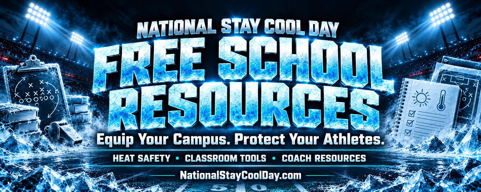 National Stay Cool Day free school resources banner: Equip your campus. Protect your athletes. Heat safety, classroom tools and coach resources.
